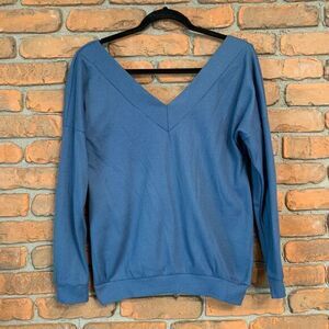 Yidarton Blue V-Neck Waffle Knit Tee Casual Cozy Long‎ Sleeve Top Size Small